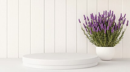 Wall Mural - white podium display with lavender flowers in pot against white wall. serene setting creates calming atmosphere, perfect for showcasing products or decor