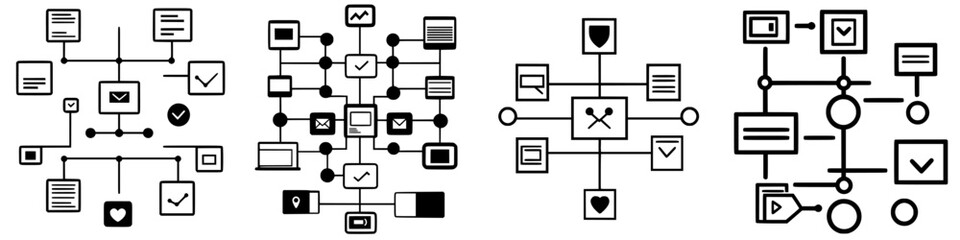Poster - Conceptual illustrations of network connections with various informational elements in black and white design