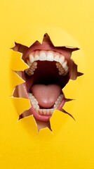 Aufkleber - Open mouth with perfect white teeth and pink tongue screaming and breaking through torn yellow paper, expressing strong emotions, perfect for advertising and marketing campaigns