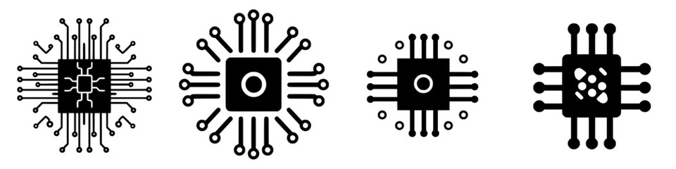 Poster - Designs of microchips represented as black icons with circuit patterns depicting technology innovation