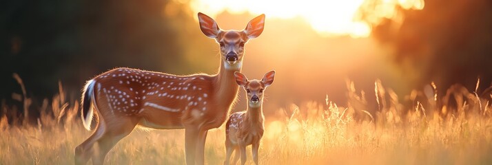 Poster - Mother deer and her fawn are standing in tall grass, illuminated by the warm glow of the setting sun, creating a peaceful and idyllic scene in nature
