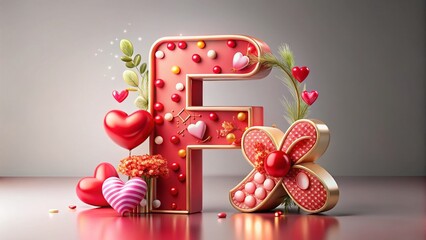 Poster - Aerial Valentine's Day Alphabet F: 3D Rendered Sweetheart Letter with Festive Decorations