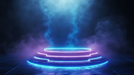 Aufkleber - Glowing Blue Neon Podium Surrounded by Mysterious Smoke and Light Effects in a Dark Atmospheric Setting