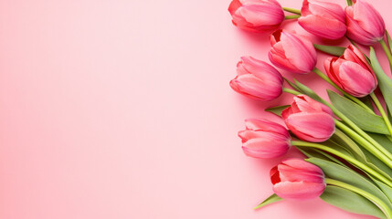 Wall Mural - Beautiful pink tulips arranged on pastel pink background, creating serene and cheerful atmosphere. Perfect for spring themes and floral designs