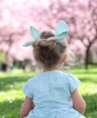 Wall Mural - A cheerful little girl sits on the grass, adorned with a colorful bow on her head, enjoying a sunny day in a tranquil outdoor setting.