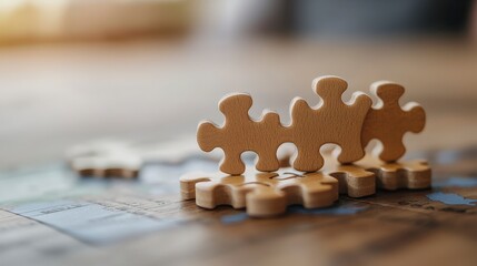 Poster - Wooden Puzzle Pieces Arranged on a Table Displaying Concept of Problem Solving and Teamwork Challenges Today