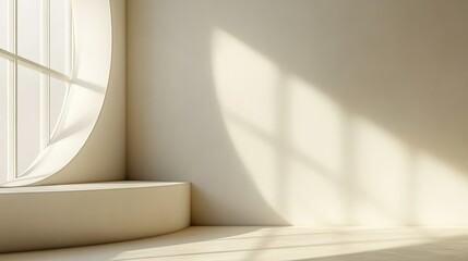 Poster - Soft Light Illuminates an Elegant Beige Corner with Curved Contrasts and Subtle Shadows in a Minimalist Space Perfect for Modern Design