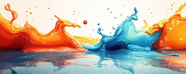 Canvas Print - Vibrant Abstract Image Featuring Dynamic Splashes of Orange and Blue Liquids with Reflective Water Surface, Capturing Creative Energetic Movement