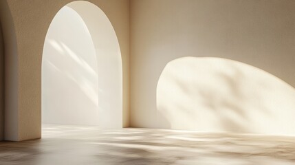 Poster - Bright and Airy Empty Corner with Soft Natural Light in a Beige Room Featuring an Archway and Subtle Shadows on the Floor