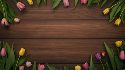 Wall Mural - vibrant arrangement of colorful tulips on wooden table, creating cheerful and inviting atmosphere. flowers are surrounded by lush green leaves, enhancing natural beauty