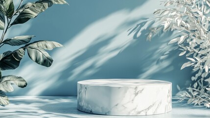 Aufkleber - Minimalist design showcases a white marble cube pedestal surrounded by lush blue leaves, setting the stage for elegant product presentations in a serene environment