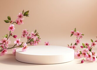 Wall Mural - White, round podium with pink flowers on a beige background for product presentation, an empty mockup with a minimalistic design.