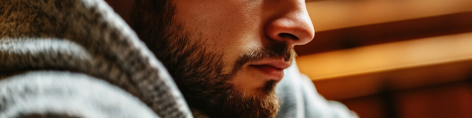 Poster - Close-up Profile of Bearded Man in Hooded Sweatshirt