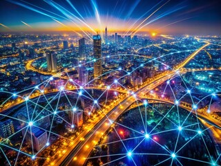 Poster - Aerial View of Vibrant Abstract Glowing Light Network - Futuristic Cityscape