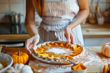 A woman prepares homemade pumpkin pie in a cozy kitchen with fall decorations and fresh ingredients.