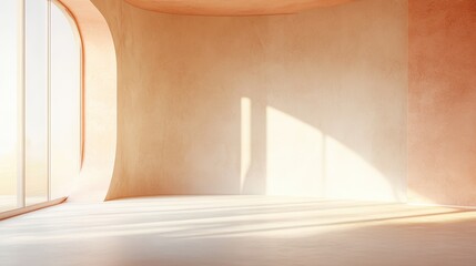 Poster - Empty and Minimalistic Room with Natural Light Filtering Through Large Windows in the Corner, Soft Beige Walls, and Warm Atmosphere