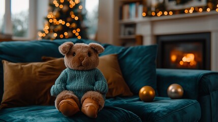 Canvas Print - Christmas teddy bear on teal sofa, fireplace, lights, cozy