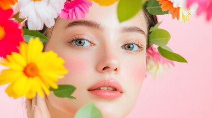 Wall Mural - Woman framed by colorful flowers on pink background. Beauty concept portrait