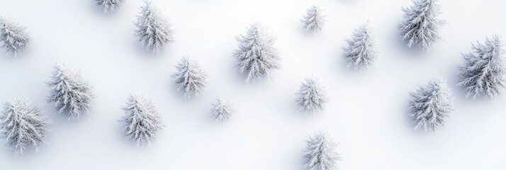 Poster - Capturing an aerial view of snowy fir trees scattered across a pristine white landscape, creating a serene and captivating winter wonderland filled with tranquility and beauty