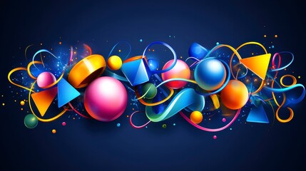Fototapete - abstract design with vibrant colors, 3d shapes, and flowing lines, dark background, vibrant colors, 