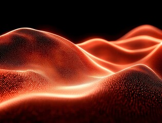 Poster - abstract design, dynamic orange and gold particles form undulating waves on black background, glowin