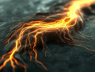 Poster - abstract image of glowing orange lines and dark gray surface, resembling lava flow or network struct