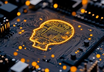 Poster - Abstract image of a human head silhouette outlined in glowing yellow light on a complex circuit board, suggestive of artificial intelligence or