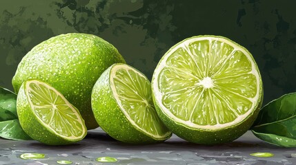 Wall Mural - Close-Up Artistic Rendering of Fresh Green Limes with Leaves Displaying Textured Exteriors and Sliced Interior Segments in Vivid Green Tones