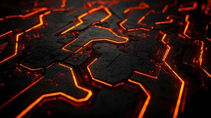 Poster - abstract dark background with orange glowing circuit patterns, intricate design, futuristic look, te