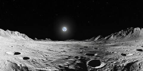 monochrome lunar landscape with earth in starry sky and moonlight shadows