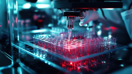 Poster - cutting edge laboratory equipment in action, showcasing precise pipetting into test tubes under vibr