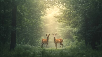 Poster - Two fawns are standing in a clearing in a misty forest, illuminated by the warm glow of the rising sun, creating a serene and magical atmosphere
