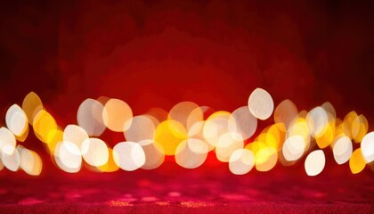 Poster - festive bokeh lights on red background for holiday design, warm glowing abstract backdrop, celebration concept

