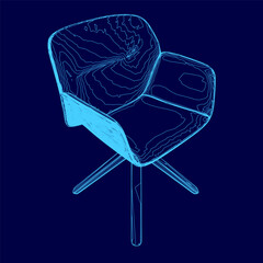 Poster - A chair is shown in blue. The chair is a modern design with a wooden frame. The chair is sitting on a blue background