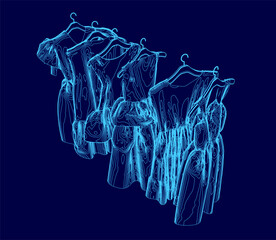 Poster - A blue image of clothes hanging on a rack. The clothes are all different colors and styles, and they are all hanging on the rack. The image has a sense of organization and order