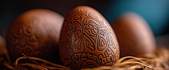 Decorated eggs nest, dark background, Easter