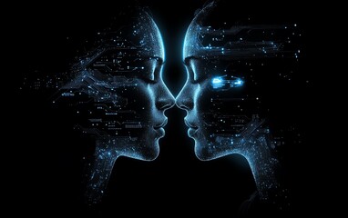 Poster - Two interconnected digital heads facing each other, symbolizing the harmony of human intellect and technology, glowing digital circuits, futuristic aesthetic