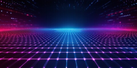 Poster - neon digital grid background with vibrant blue and purple colors in a futuristic style for technolog
