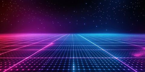 Poster - futuristic digital grid background with neon blue and purple colors against a starry night sky for a