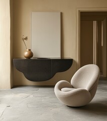 Poster - beige and brown minimalist interior design featuring a modern console table and a sculpted armchair.