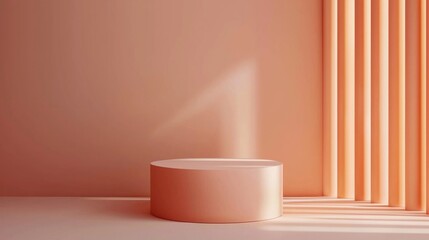 Poster - A soft pink backdrop complements a cylindrical podium, creating a serene atmosphere. The interplay of light and shadow enhances the minimalist aesthetic, perfect for showcasing products elegantly
