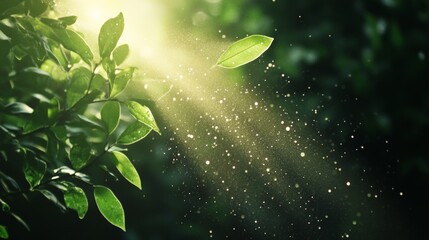 Aufkleber - Bright sun rays filtering through lush green leaves in a misty forest, creating a magical bokeh effect with golden particles gently floating in the serene morning air