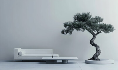 Poster - Minimalist interior design of a modern living room with a white sofa