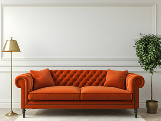 Wall Mural - A simple white wall with an orange sofa and floor lamp, front view, high resolution