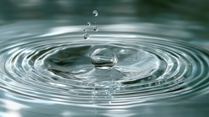 Poster - Water Drop Falls into Calm Surface Creating Ripples and Reflections in a Serene Aquatic Environment with Gentle Light Effects