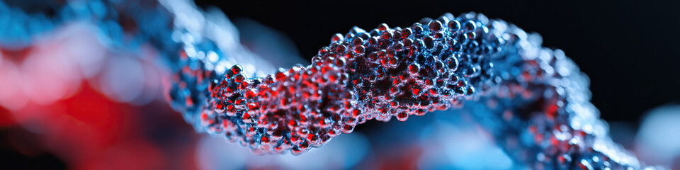 Poster - Close-up of a Metallic Sphere Chain with Red and Blue Lighting