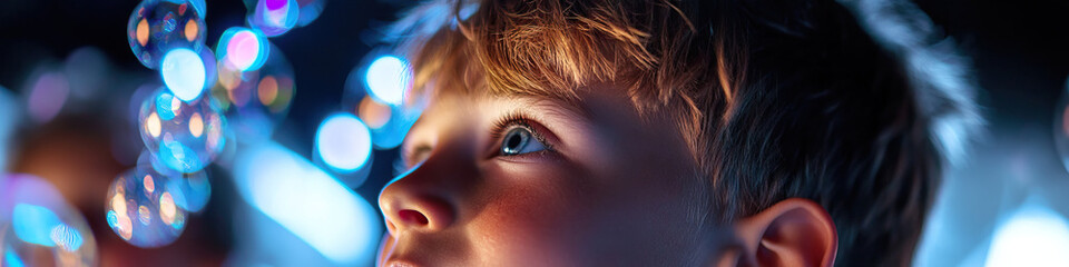 Poster - Boy Observing Soap Bubbles at Night