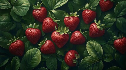 Wall Mural - Close up view of many ripe red berries nestled amongst dark green leaves, a detailed still life image, with a pixelated appearance, emphasizing the