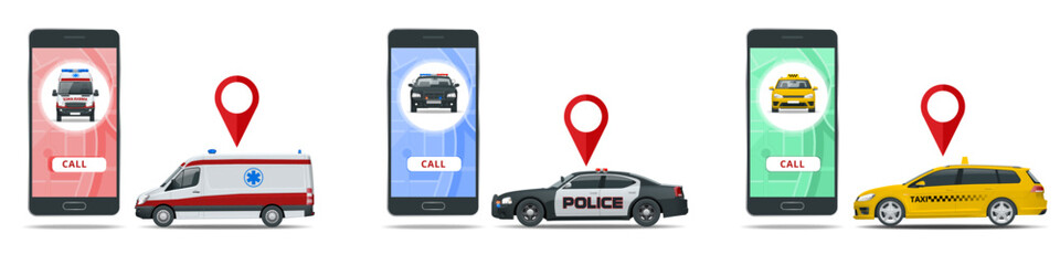 Isometric vector illustration of emergency and taxi services being called via mobile apps. It features an ambulance, police car, and taxi with location markers and call buttons