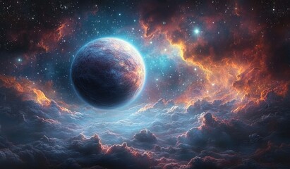 Wall Mural - cosmic nebula landscape with textured planet and moon in surrealistic space art